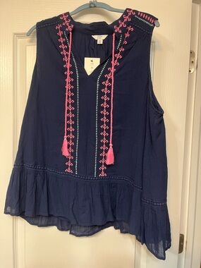 crown & ivy Navy Blue Sleeveless Peasant Top with Hot Pink Tassels 2X
